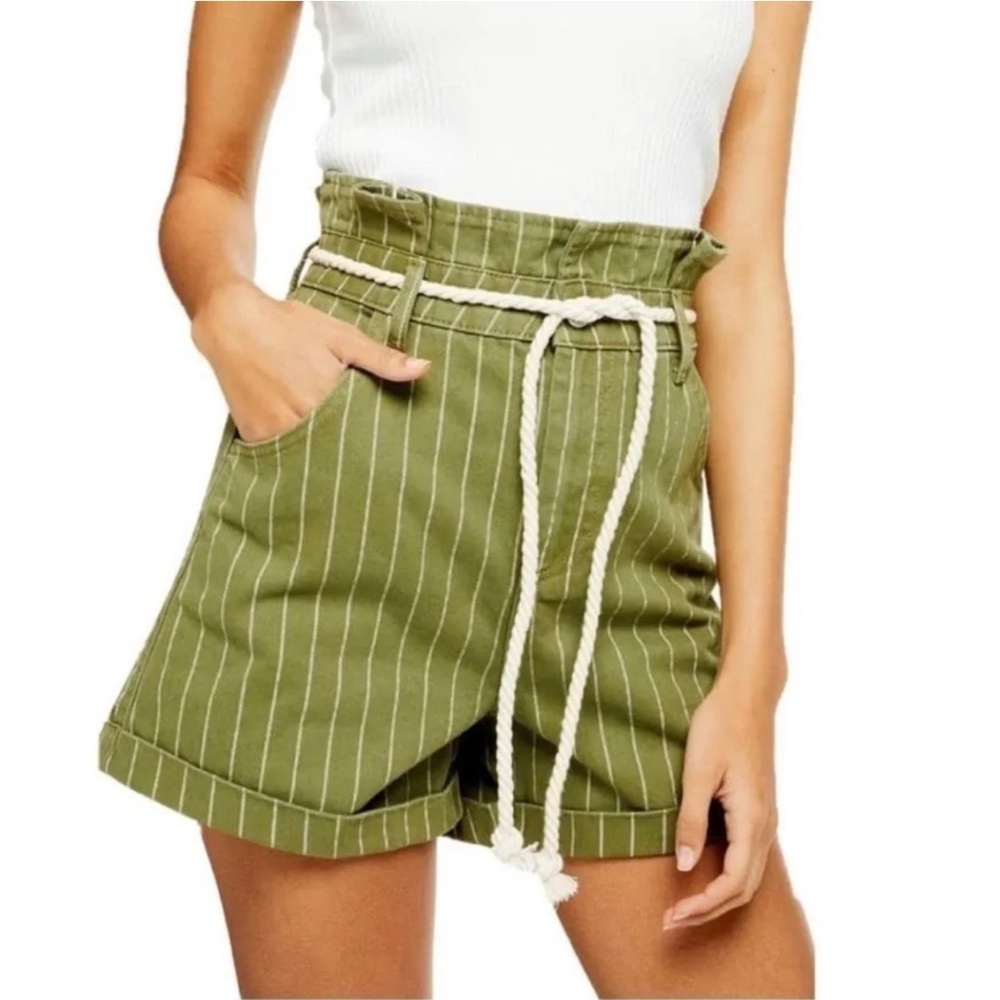 New Topshop Paperbag Shorts Green Striped Belted High Waist Size 8
